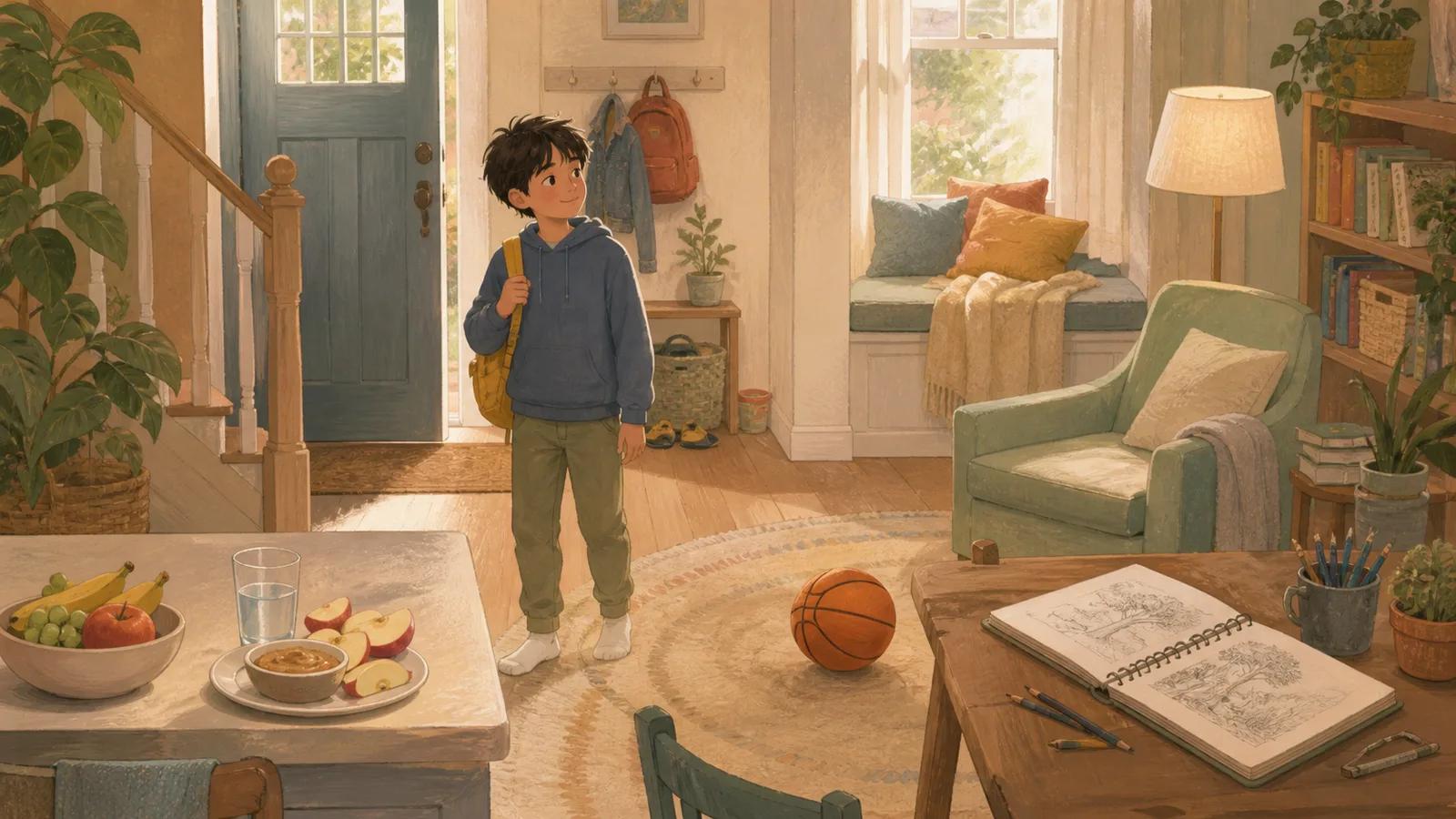 An older child arrives home and considers a snack, sketchbook, ball, and quiet reading chair