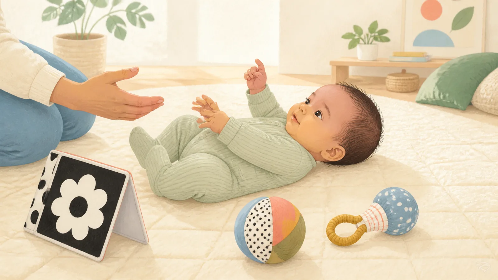 A baby on a soft floor mat beside a cloth contrast card, fabric ball, and easy-grip rattle while a caregiver reaches nearby