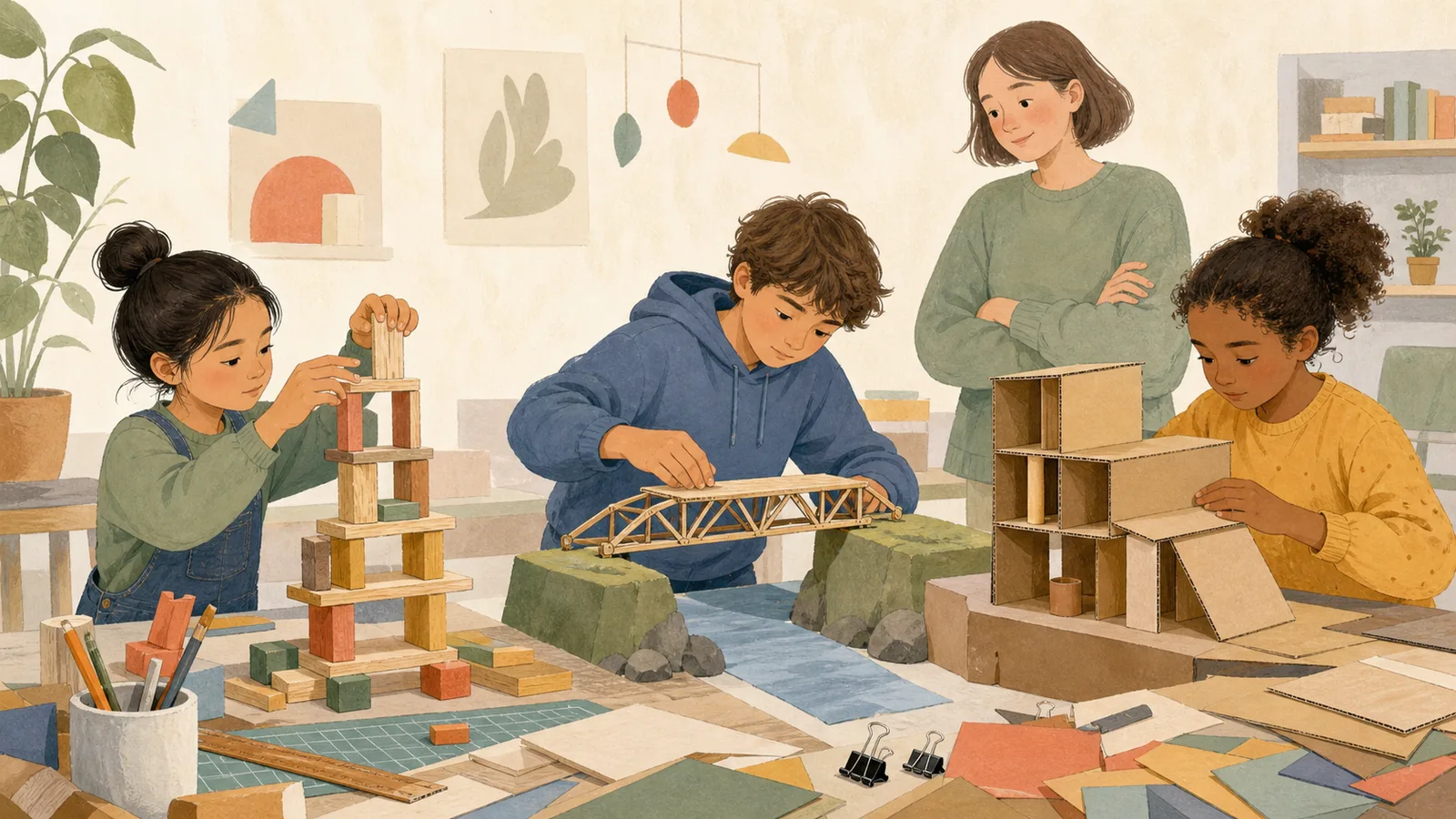 Children of different school ages test a block tower, bridge, and cardboard structure while an adult observes