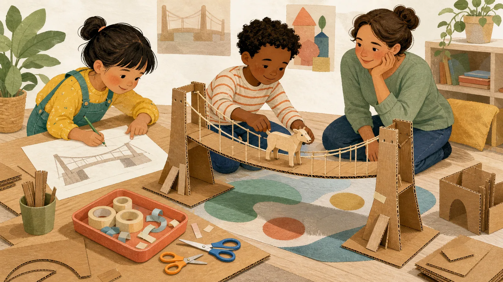 Two children plan and test a cardboard bridge while a caregiver observes and safe tools sit on a tray