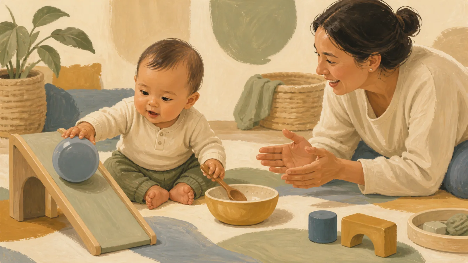 An awake baby explores a ball ramp and taps a wooden spoon on a bowl while a caregiver responds nearby