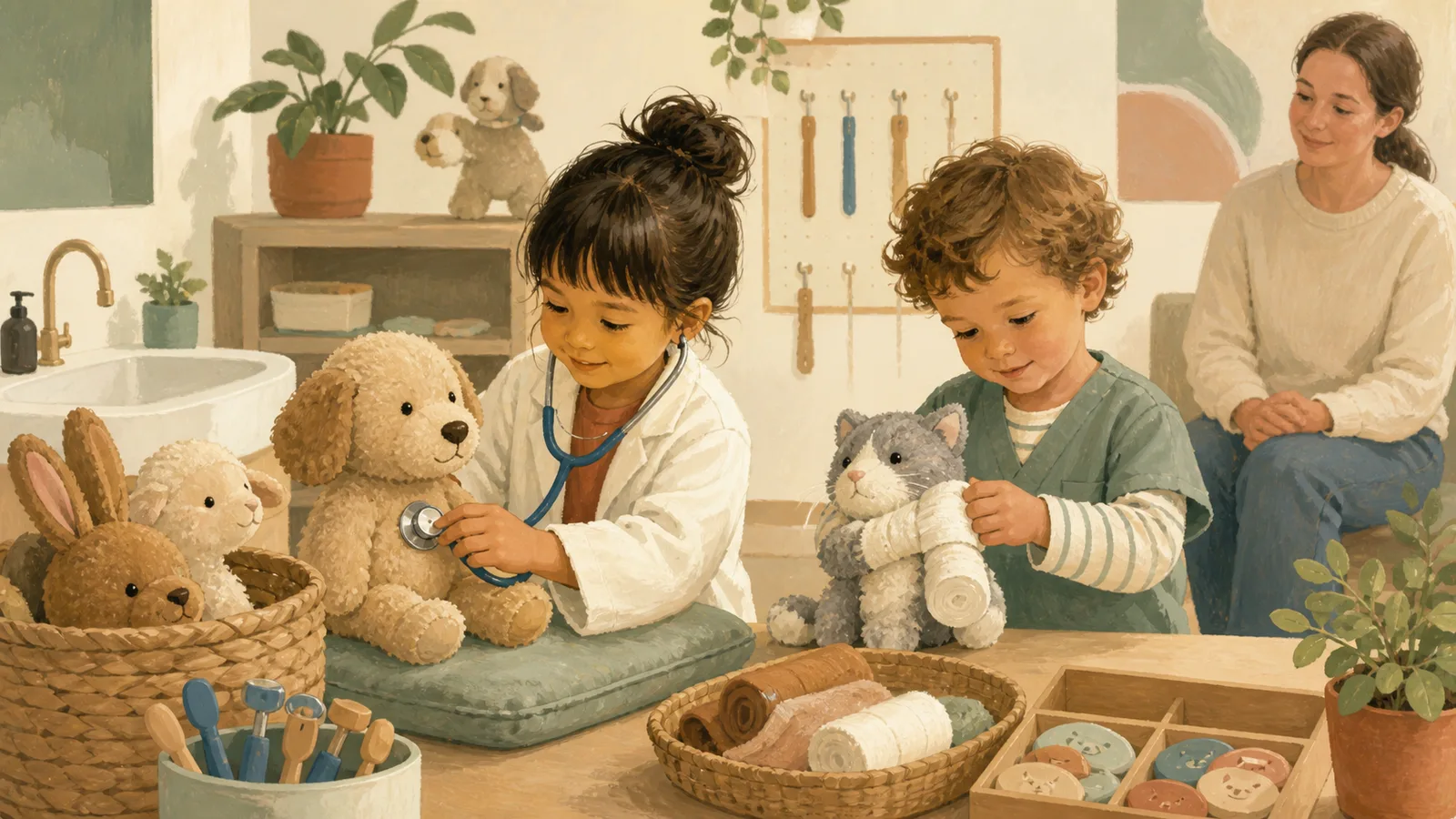 Two preschool children care for stuffed animal patients in a calm pretend veterinary clinic