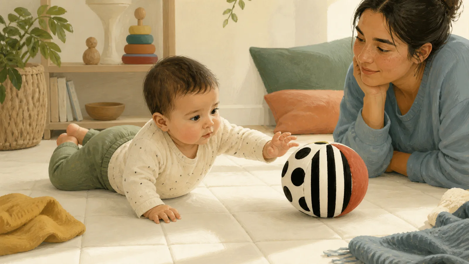 An awake baby reaches sideways toward one large high-contrast toy on a firm floor mat while a caregiver lies nearby