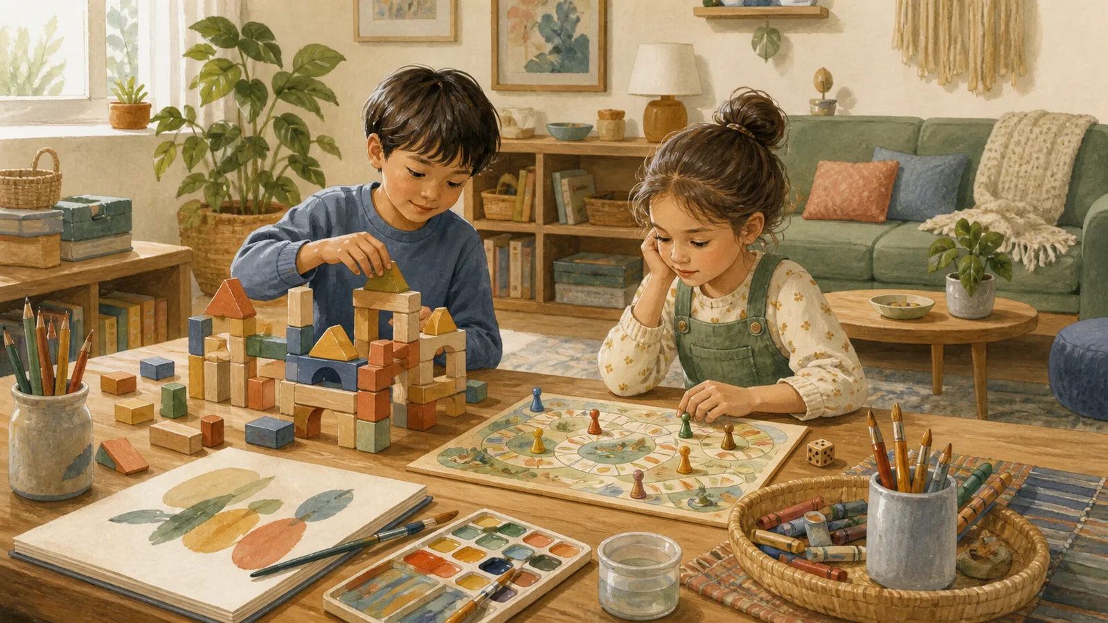Two children ages five to seven explore building, art, and tabletop game materials together