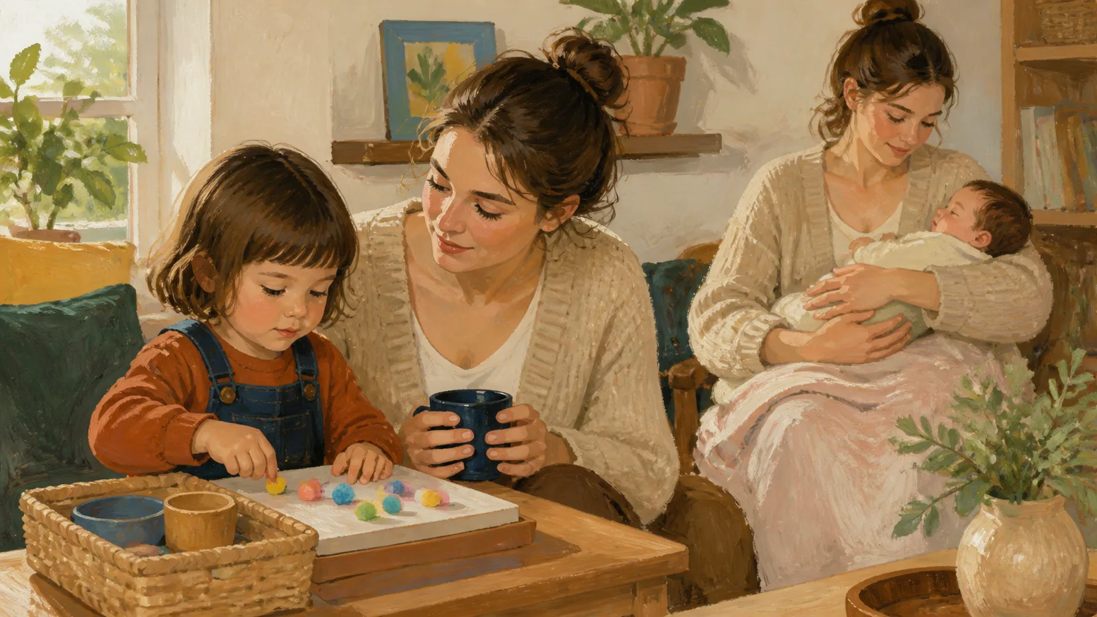 An older child opens an art and building gift while a caregiver and new baby sit nearby
