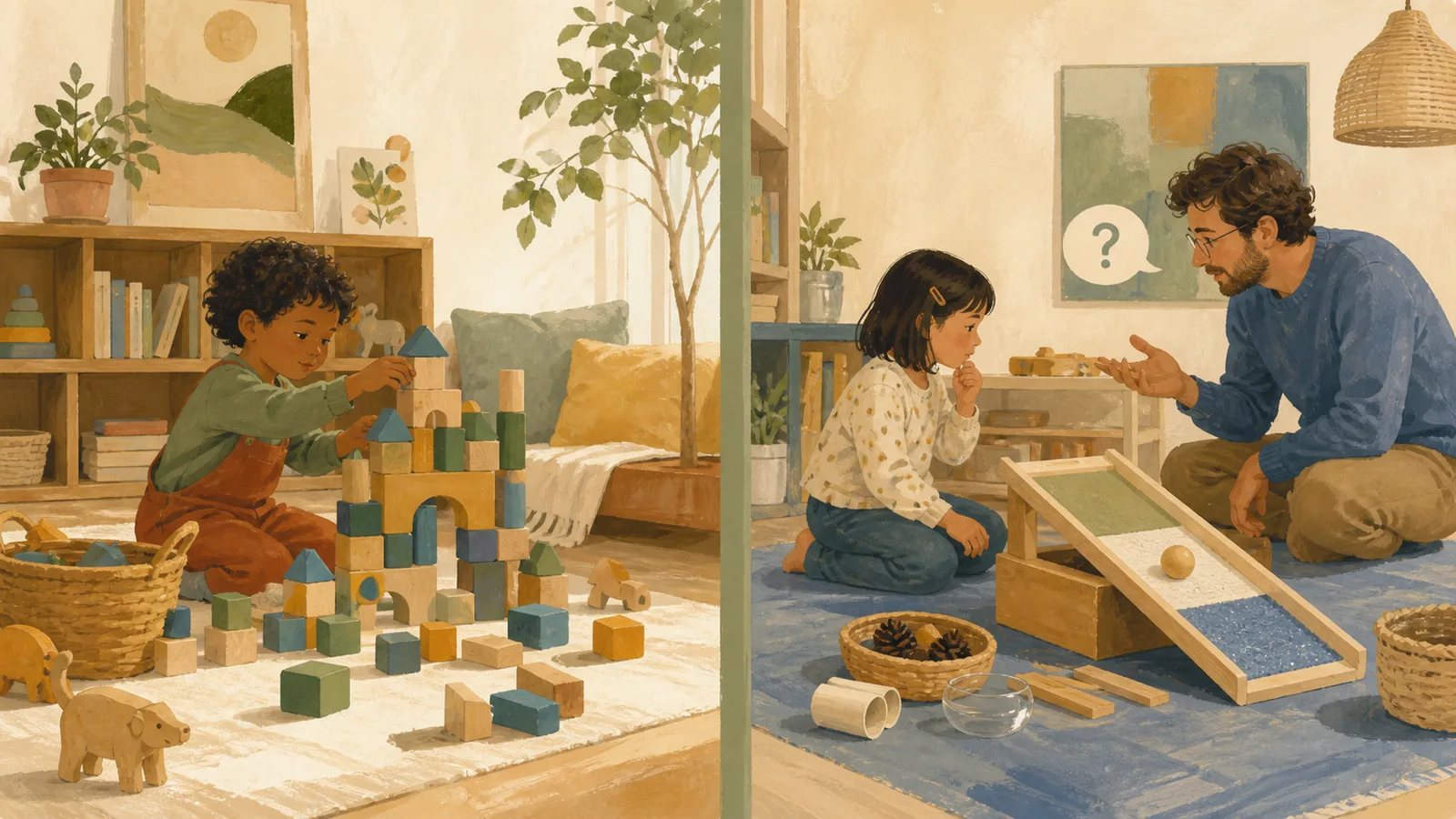 One child invents freely with blocks while another chooses how to solve a gently framed ramp problem near an adult
