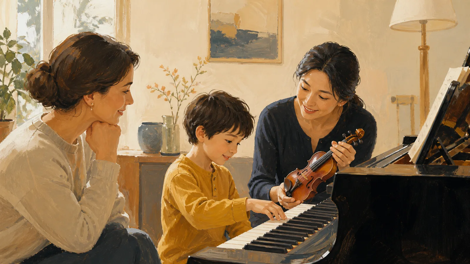 A curious six-year-old explores piano and violin with a patient teacher while a caregiver observes