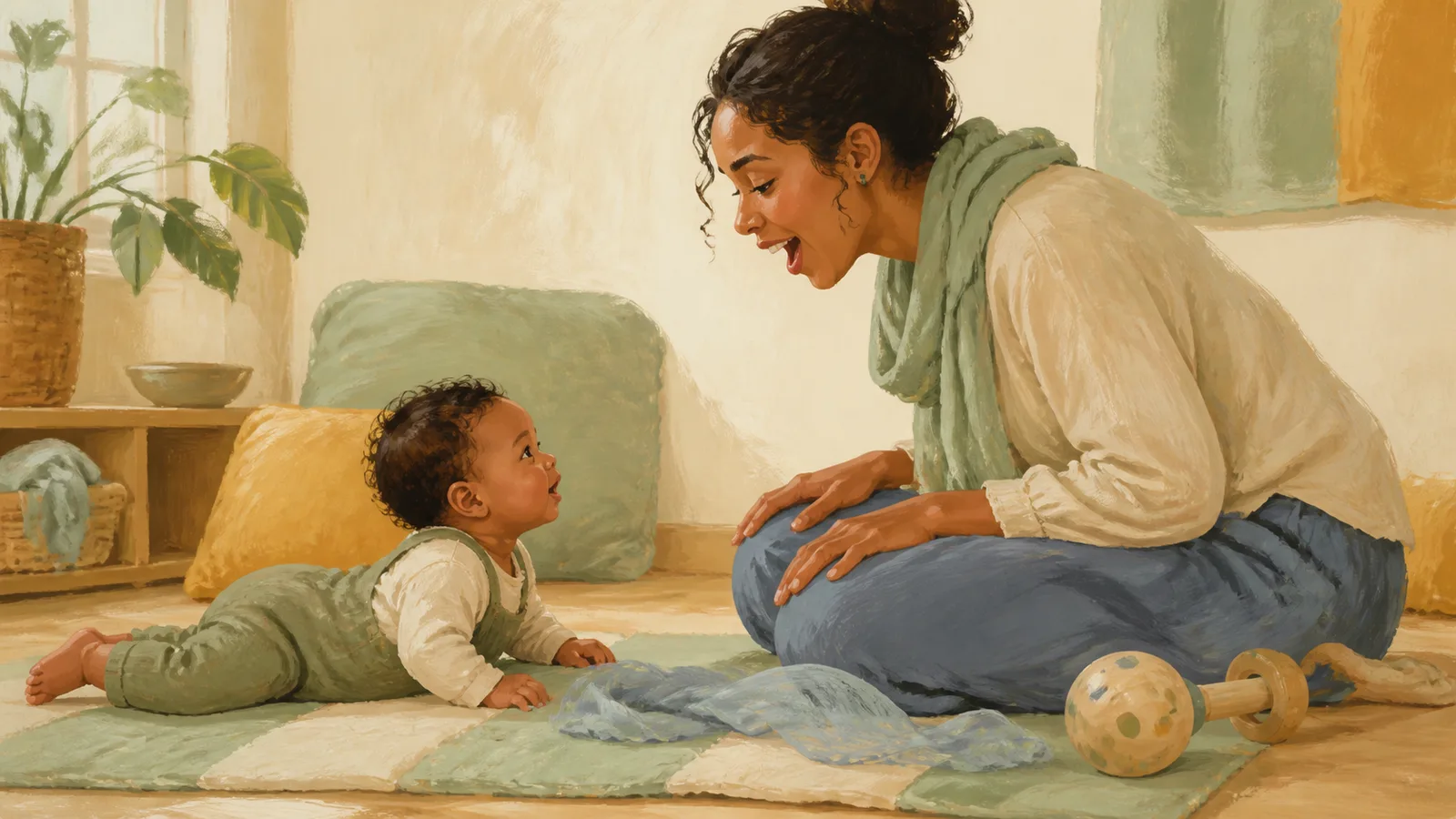 A caregiver sings face to face with an awake baby and taps a gentle rhythm on their knees