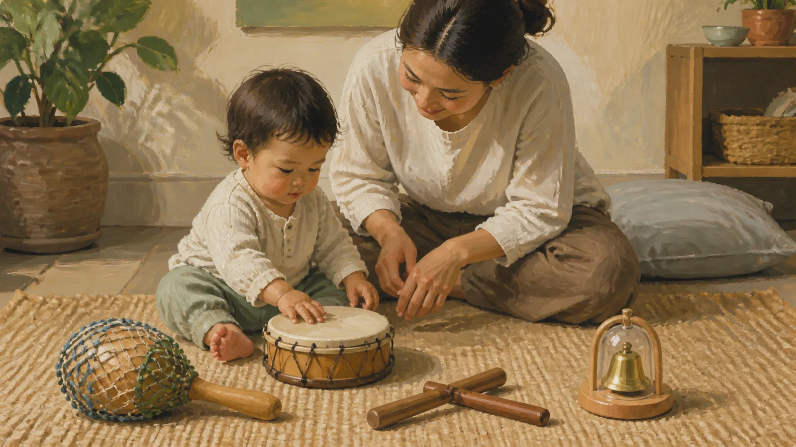 A toddler and caregiver explore a hand drum, enclosed shaker, rhythm sticks, and a securely made bell in a calm room