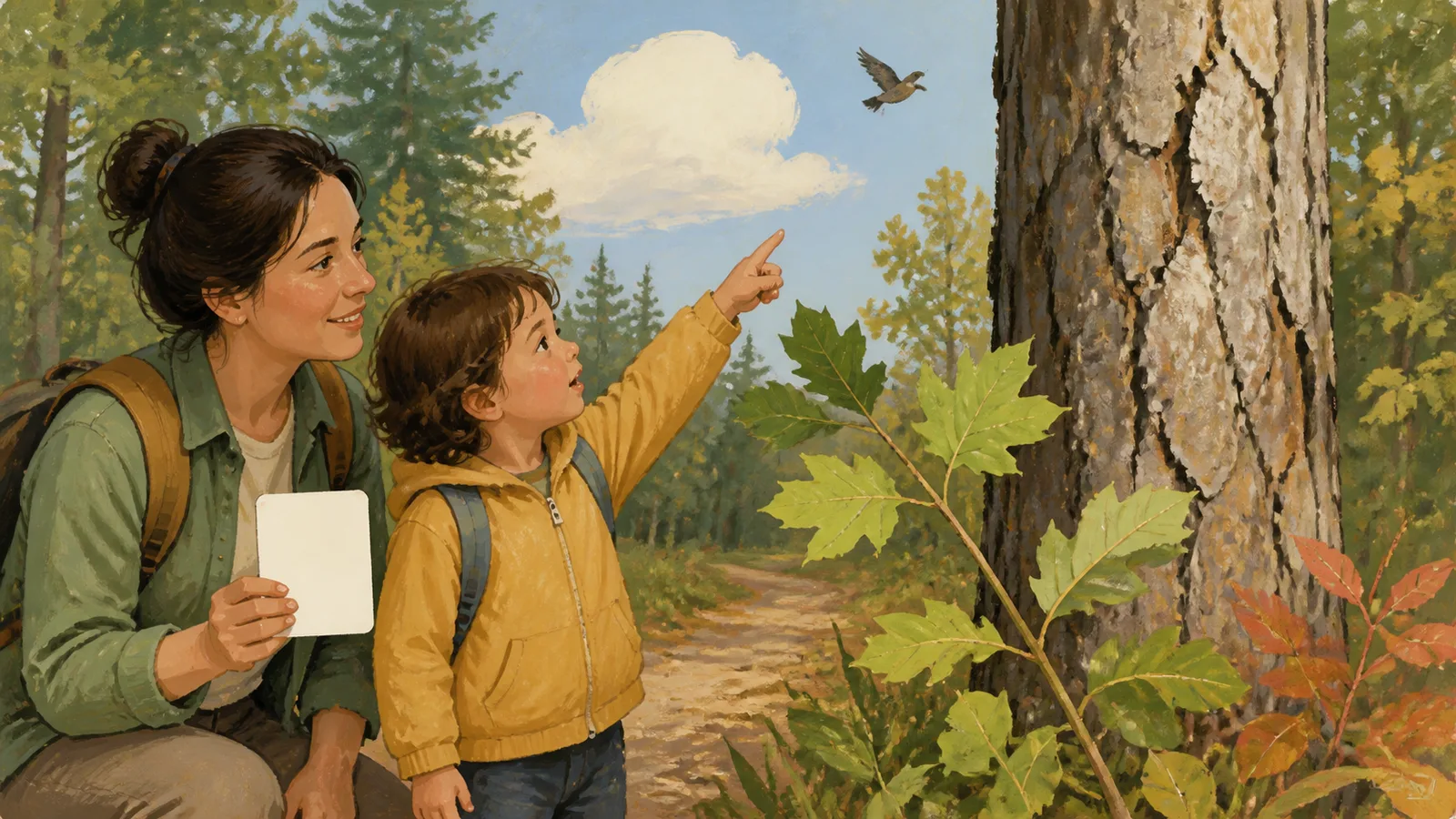 A preschooler crouches on a path to observe a leaf while an adult waits nearby