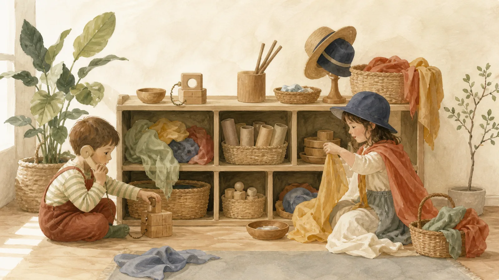 Two children invent stories with fabric, baskets, hats, bowls, and simple wooden props beside a low shelf