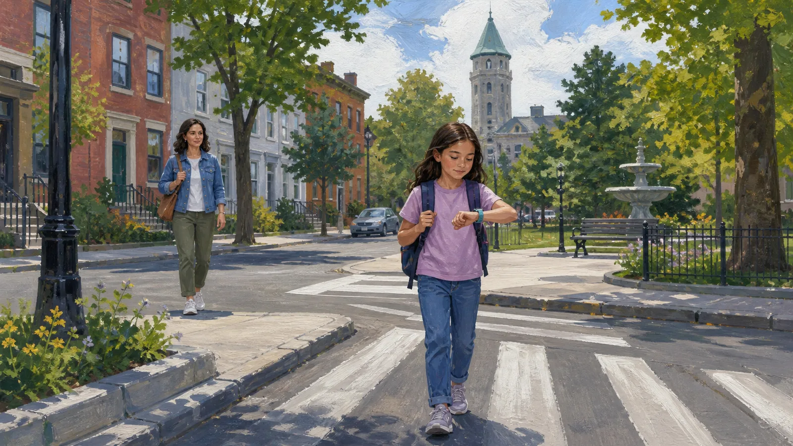 An older child pauses at a familiar neighborhood path while a caregiver watches from farther behind