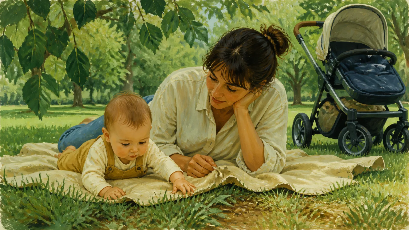 An awake baby plays on a blanket in open shade with a caregiver, watching leaves and touching the edge of grass