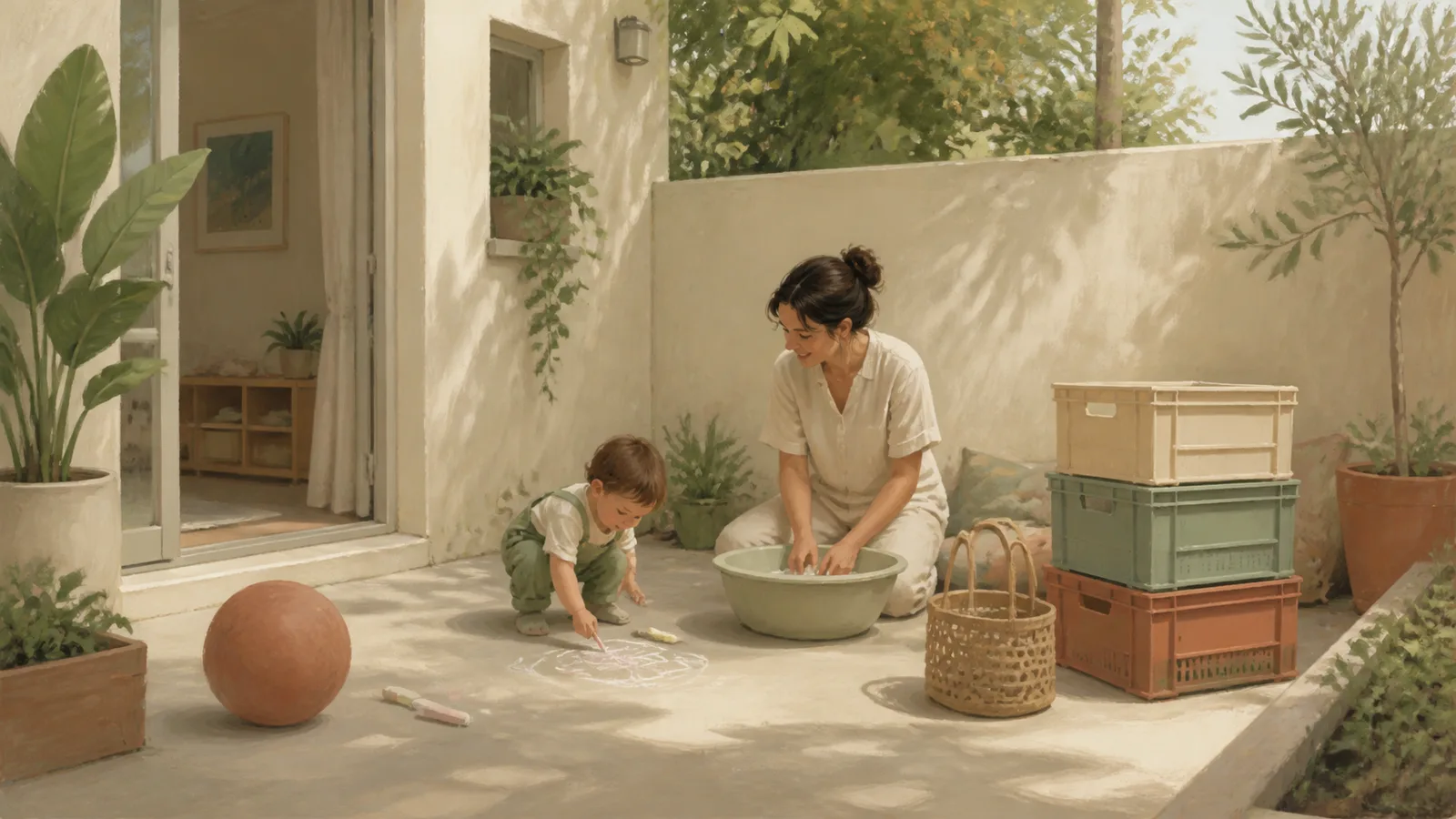 A compact patio arranged with a low basin, chalk, stepping shapes, and a storage basket