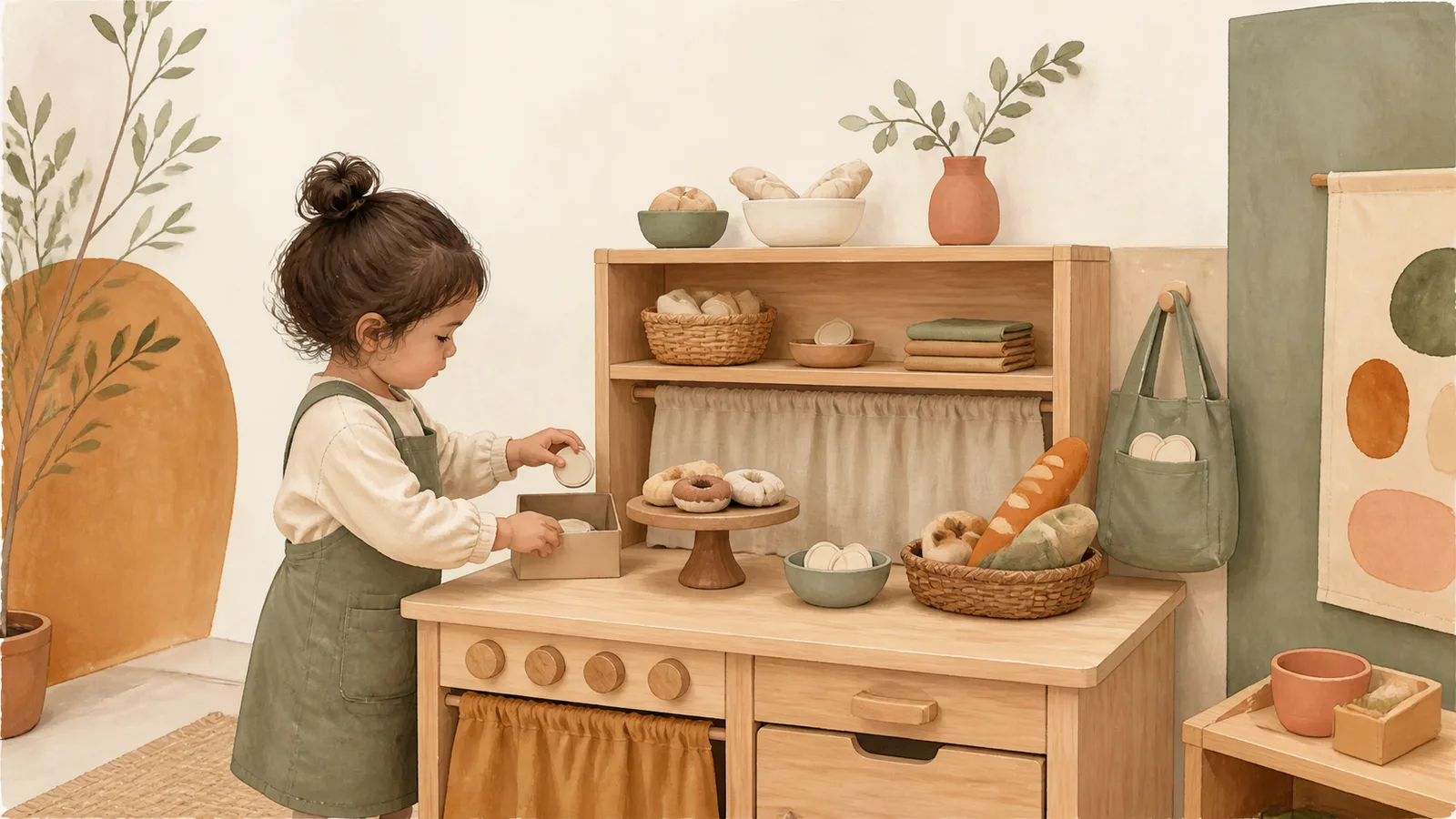 A child uses a simple play kitchen as a bakery and parcel counter with baskets, bowls, and fabric ingredients