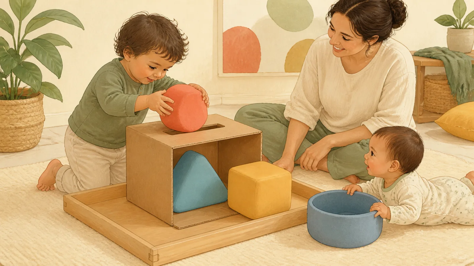 A young toddler posts a very large soft shape through a wide cardboard slot while a caregiver and younger baby watch