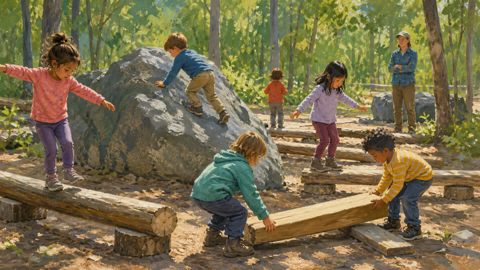 A child balances on a low log while an attentive adult stands within helping distance