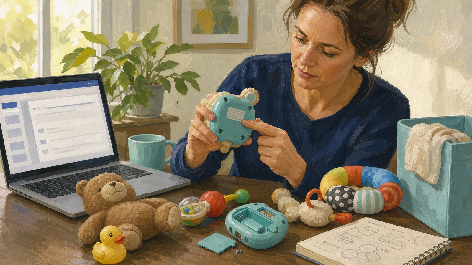 An adult examines the label and condition of several secondhand baby toys on a table