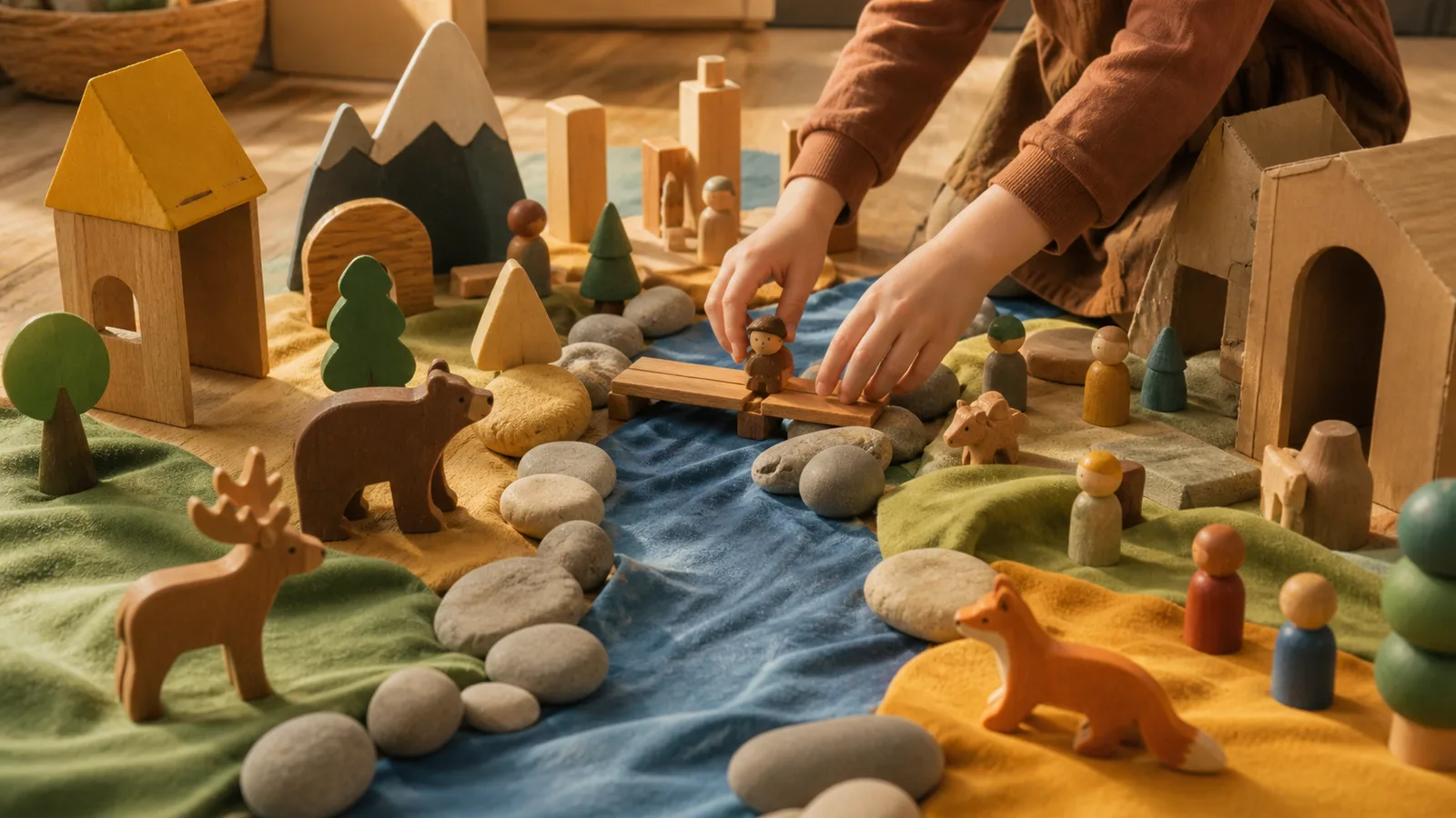 Child hands rearrange wooden figures, animals, blocks, a fabric river, and cardboard structures in a small-world scene