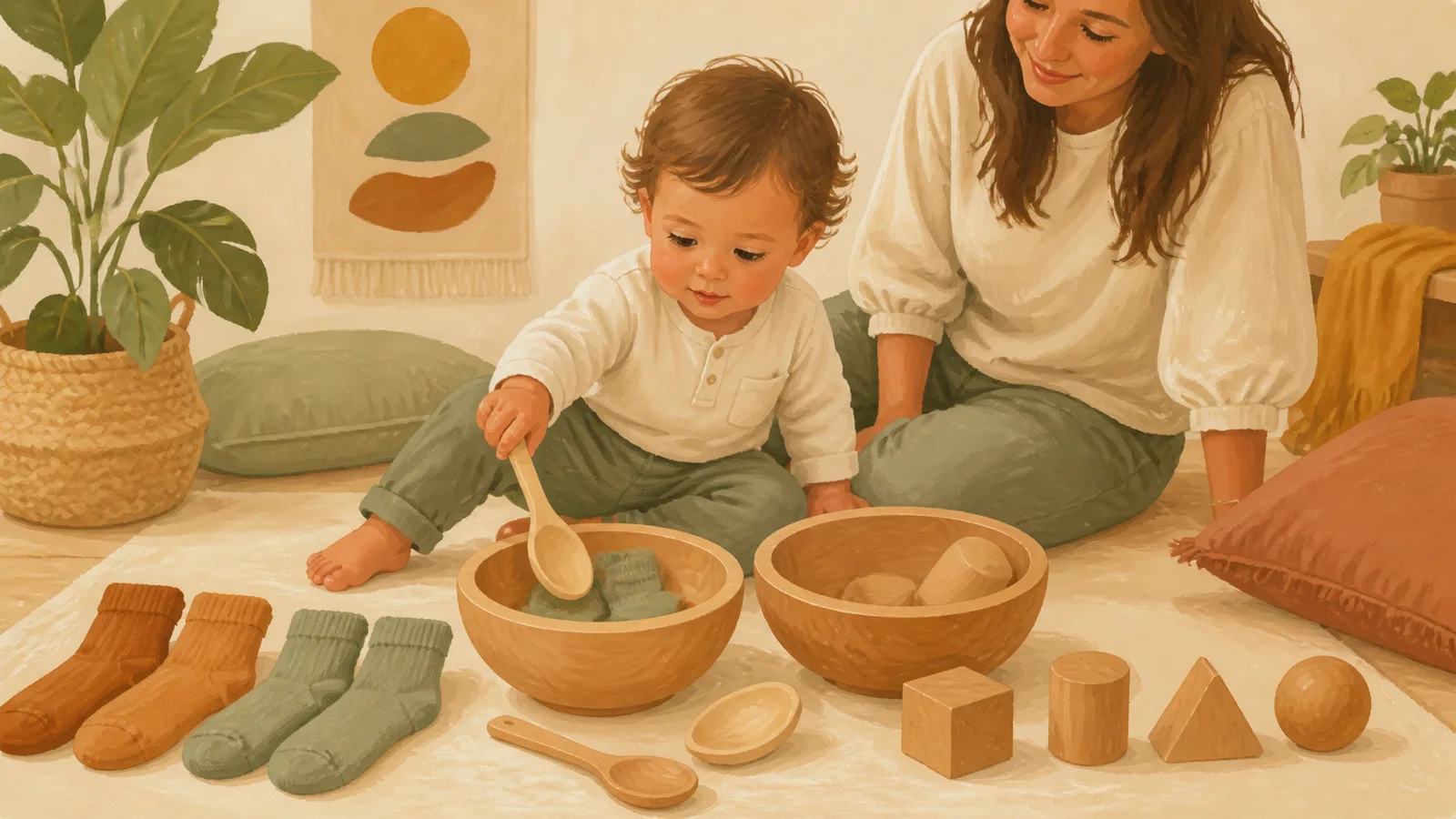 A young toddler explores matching pairs of large socks, wooden spoons, bowls, and clearly different blocks