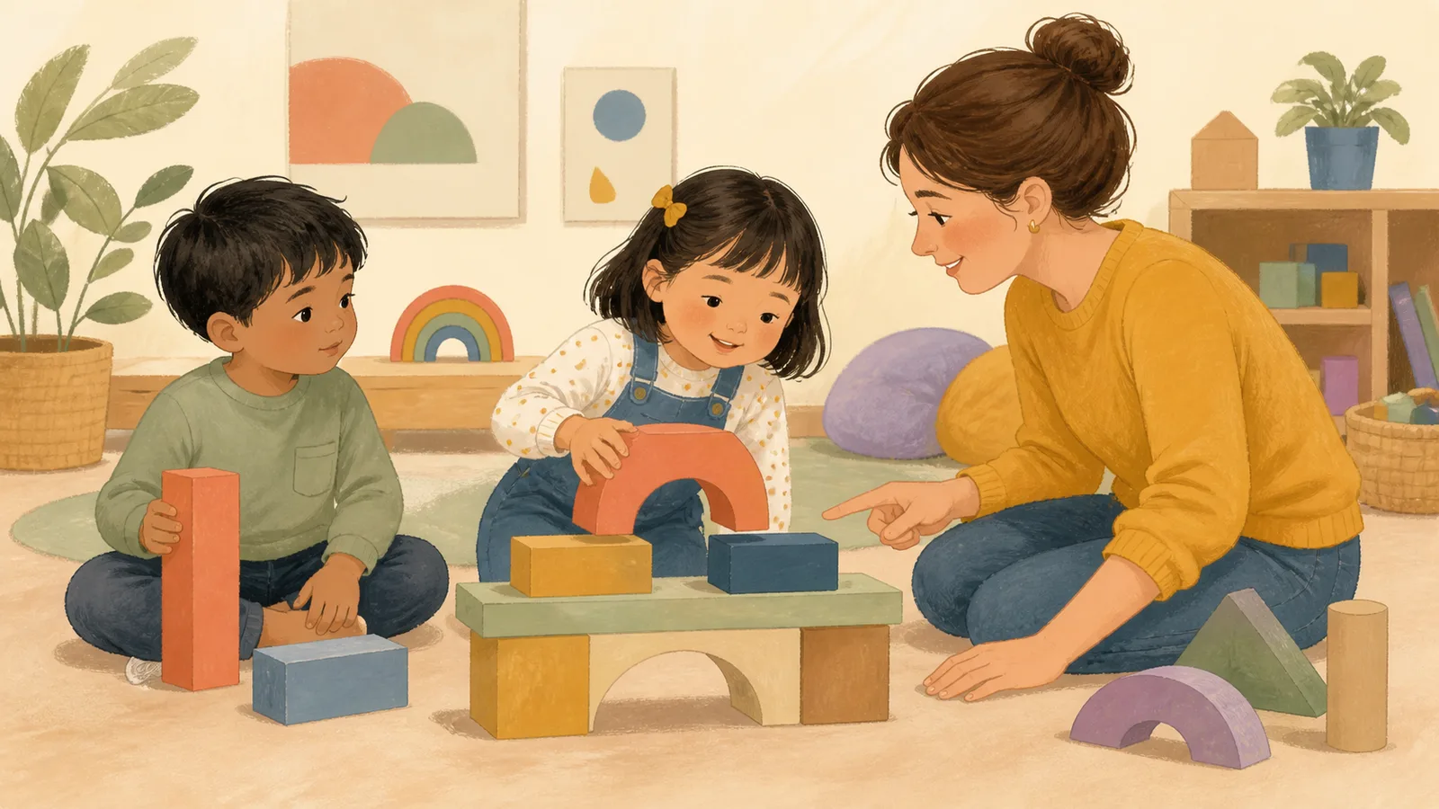A preschooler turns an arch over a block bridge while an adult and another child discuss the structure