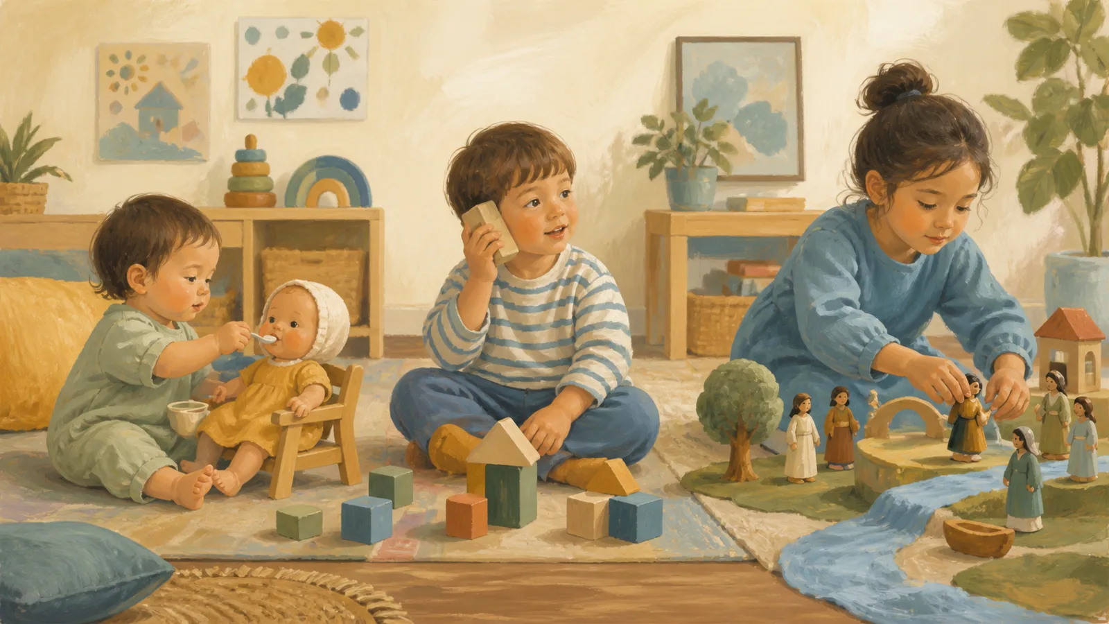 Children move from feeding a doll to using a block as a phone and coordinating figures in a longer pretend story