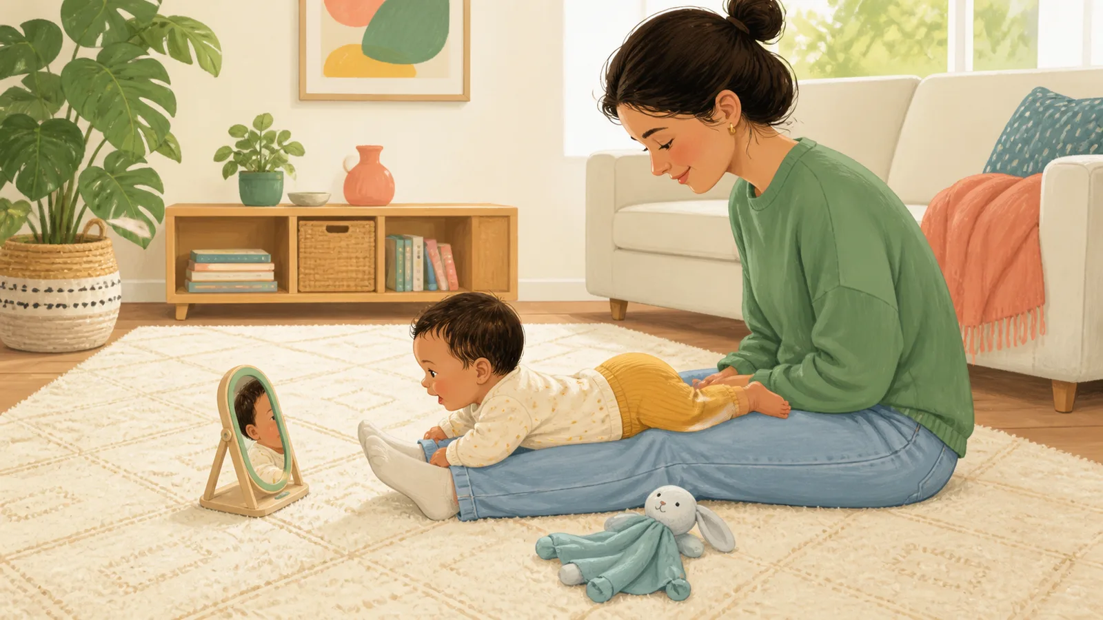 An awake baby practicing tummy time across a seated caregiver’s legs with a baby-safe mirror nearby