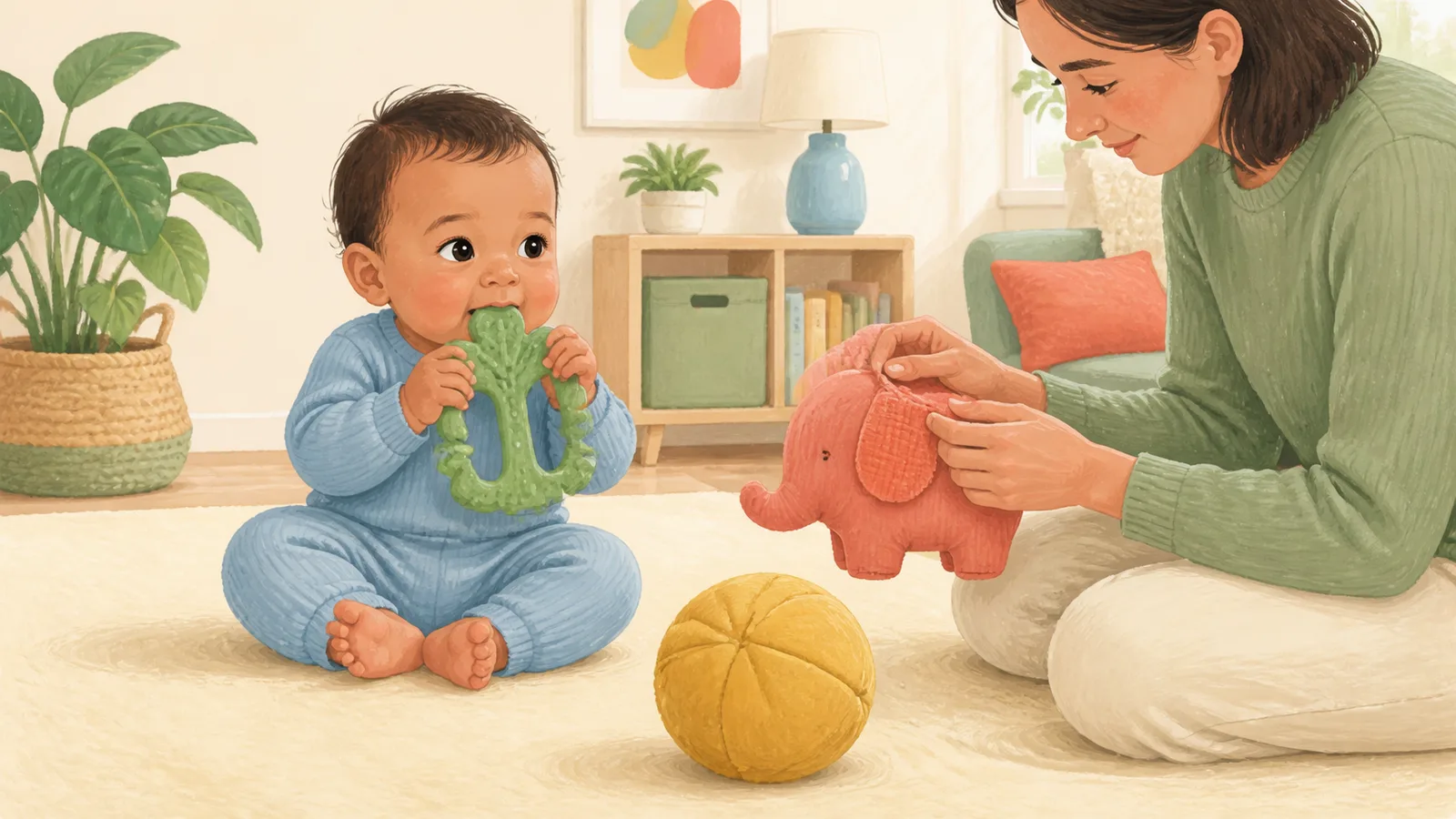 An awake baby holding a large textured teething object while a caregiver checks the seam of a soft toy