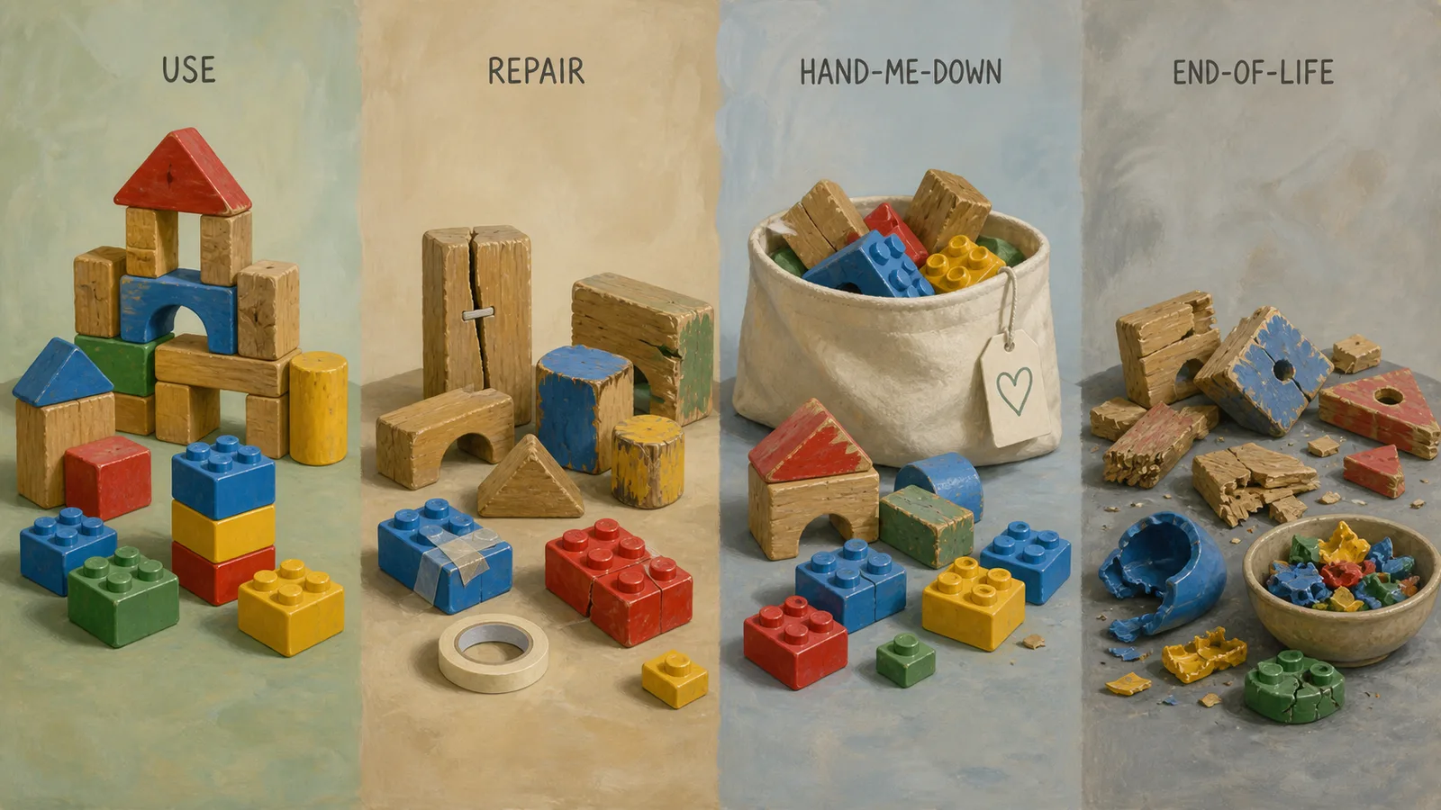 Wooden blocks and sturdy plastic construction pieces arranged together on a neutral play mat