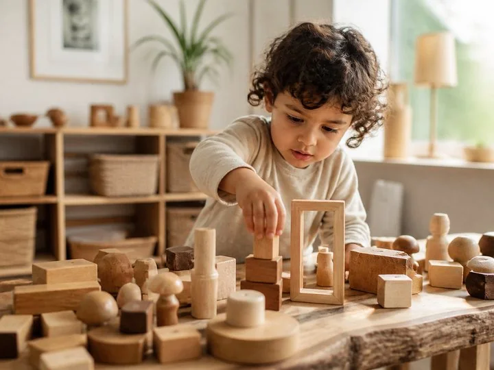 A child concentrating while building with open-ended wooden pieces