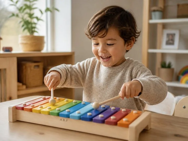 A preschooler smiling while playing a colorful wooden xylophone