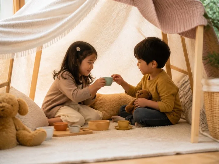 Two children sharing imaginative play inside a softly lit blanket fort