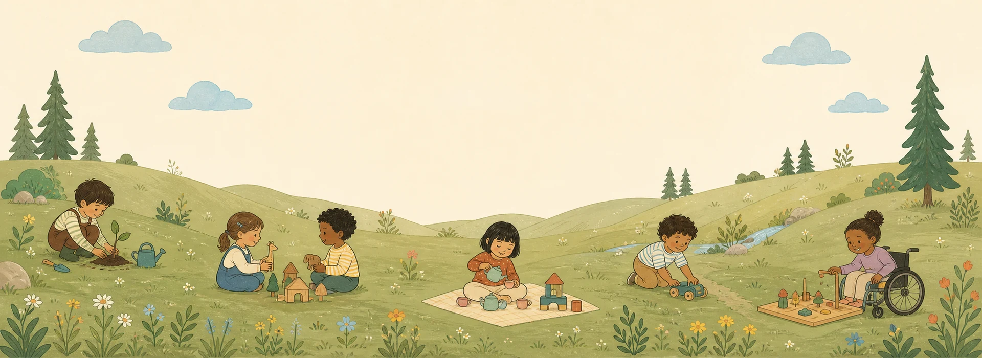 Children planting, building, sharing toys, and playing together across rolling green hills