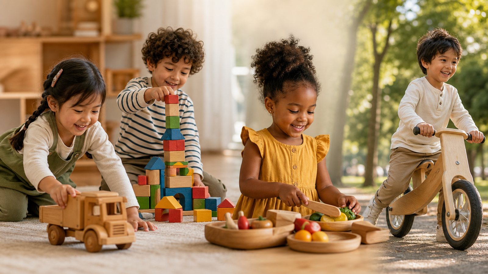 Children exploring wooden toys and outdoor play