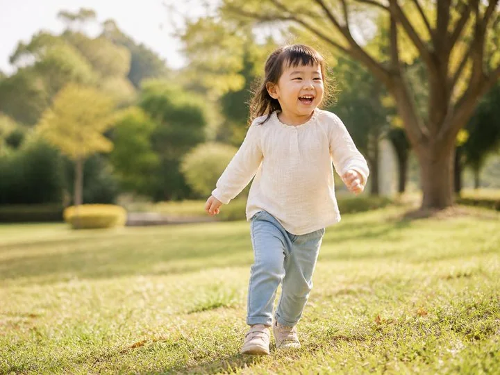 A child running happily through a bright green park