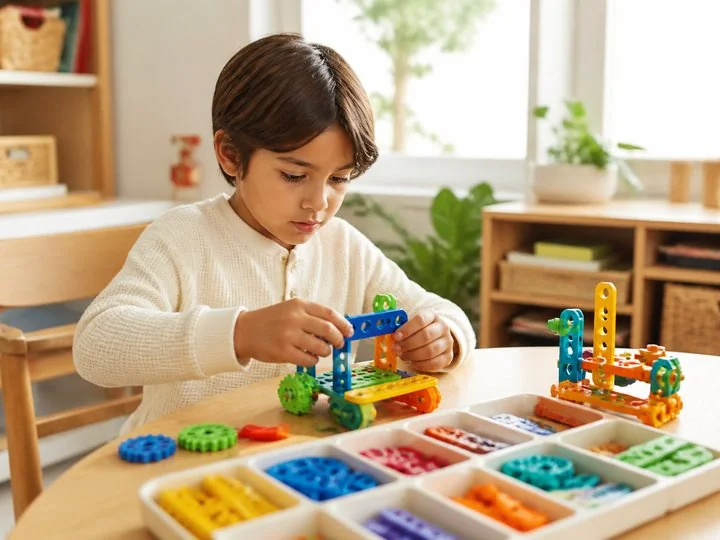 A child constructing a colorful STEAM project at a table