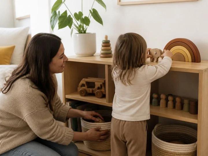 A parent and child arranging a small, calm shelf of toys together